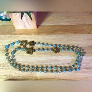 Lovely brass and glass necklace, sea glass colors blue/ greens